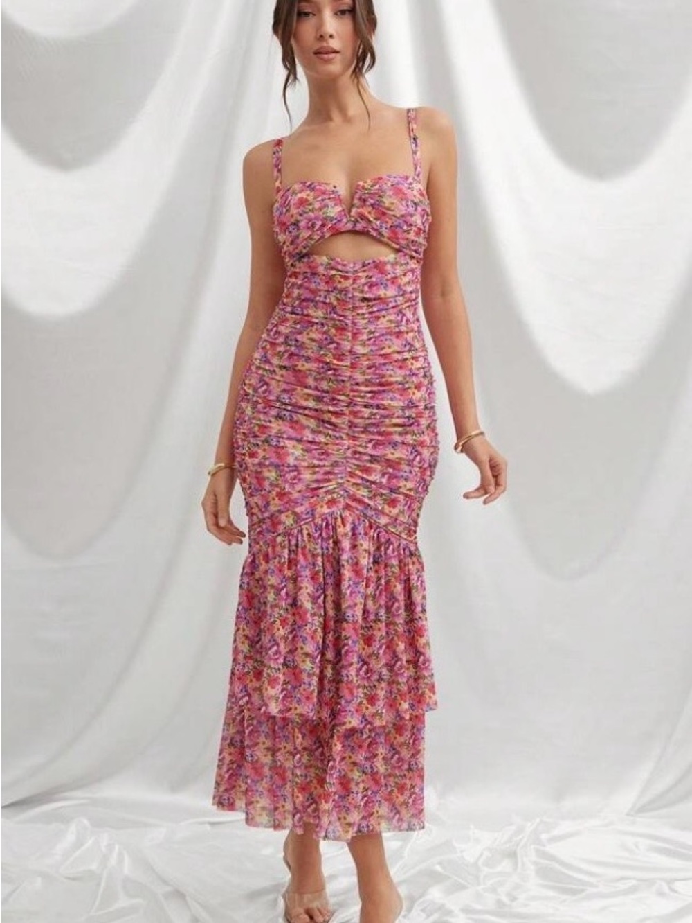 SHEIN Pink Multi Floral Ruched Maxi Dress - Picture 3 of 9